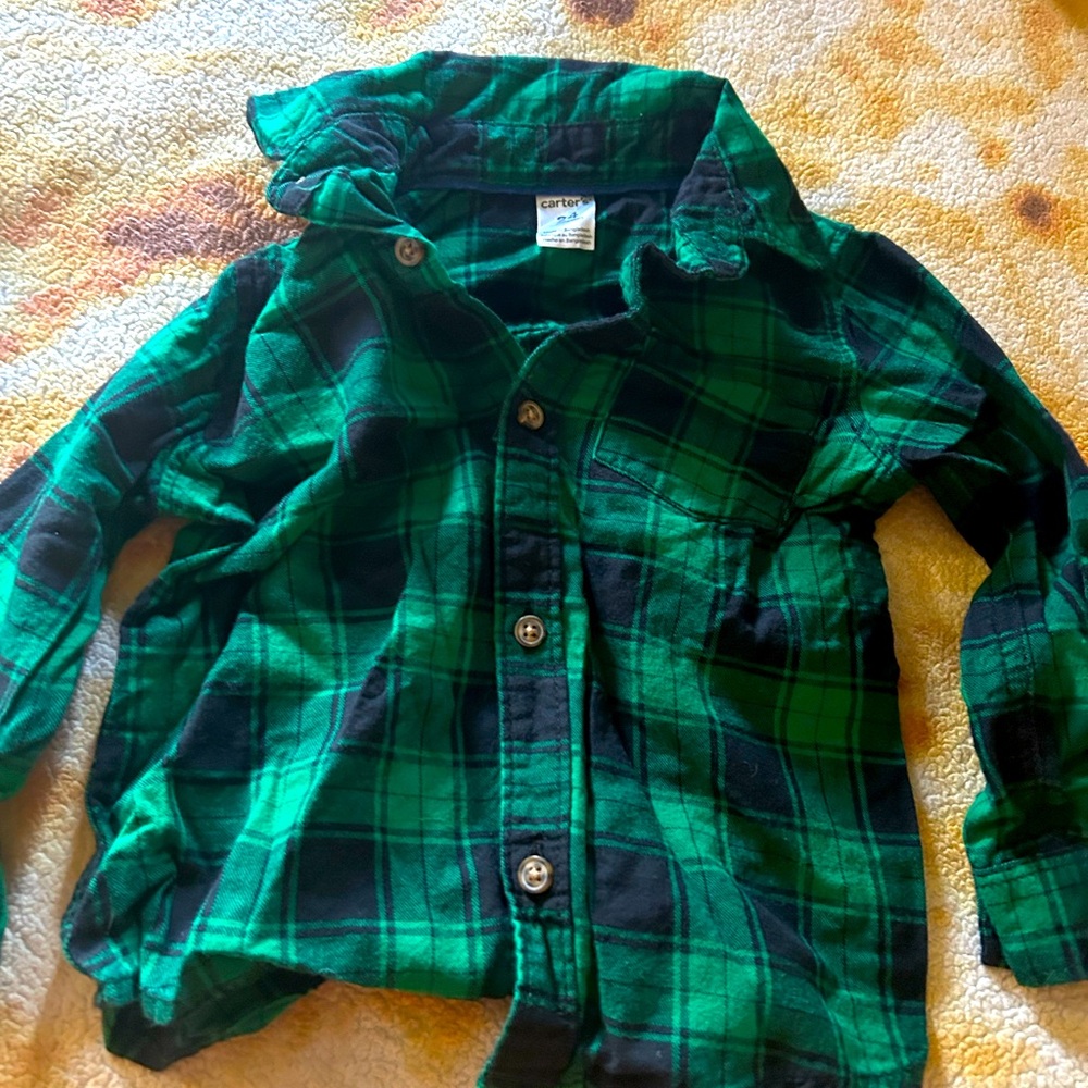 Carter's long sleeve collared Green Plaid Kids Shirt -size 24 months
